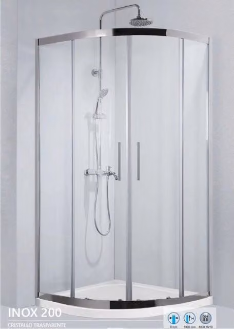 Pareti doccia angolari Karag a 1/4 di cerchio con struttura in INOX e vetro trasparente, L/P/H: 90 x 90 x 190 cm