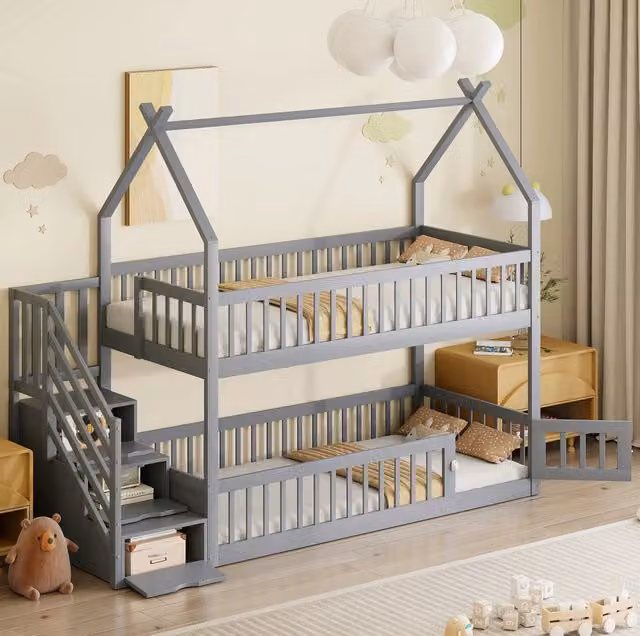 Letto a castello per bambini 90x200 cm in legno massello con tetto, scala di sicurezza e cassetti portaoggetti, colore grigio