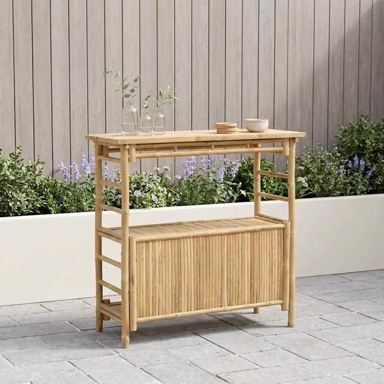 vidaXL Tavolo da bar da esterno in bambù moderno, colore naturale beige/marrone, L: 110 cm, P: 50 cm, H: 105 cm