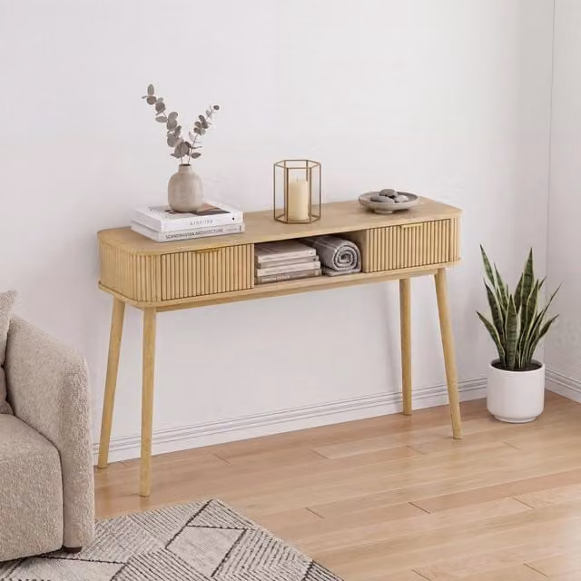 Tavolo consolle in stile mid-century con 2 cassetti e ripiano aperto; MDF effetto rovere