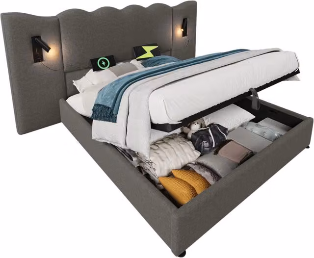 Letto contenitore matrimoniale 160×200 cm con lampada da lettura, USB e Type-C, materasso incluso, grigio