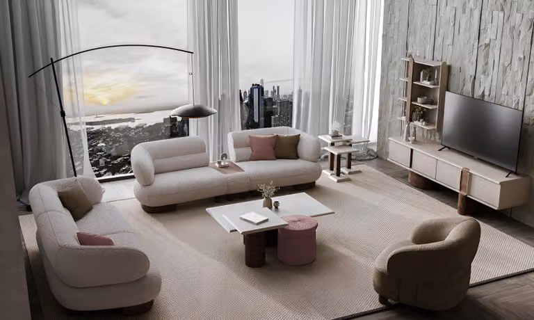Set elegante color beige per soggiorno, composto da divani imbottiti, tavolino e mobile TV