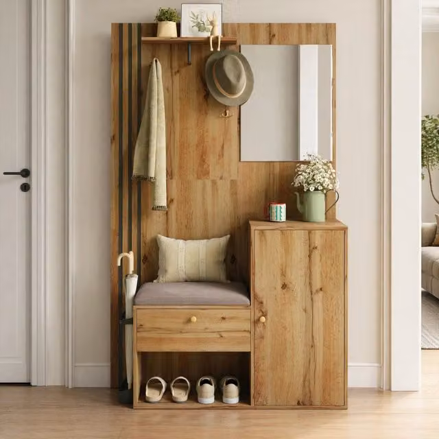 Mobile ingresso con specchio e seduta; 115x185x37 cm; MDF; naturale