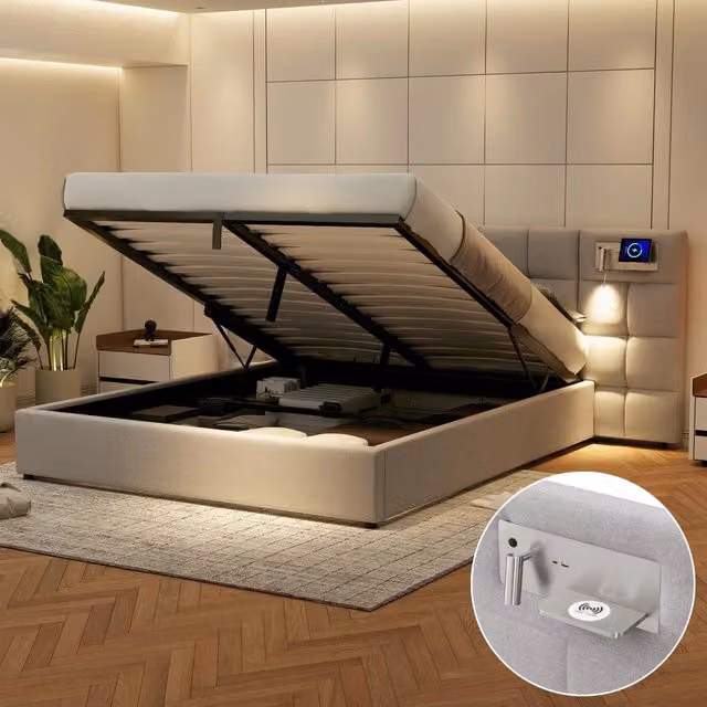 Letto contenitore matrimoniale 180 × 200 cm con USB, ricarica senza fili e lampada, senza materasso, lino grigio