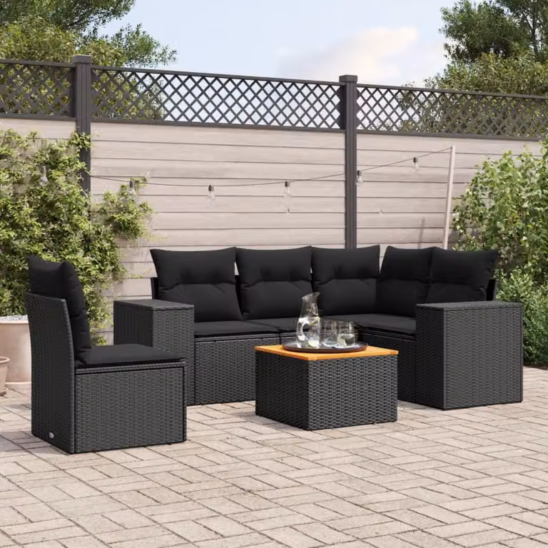Set Divano da Giardino 6 pz vidaXL in Polyrattan Nero con Cuscini e Tavolino da Esterno a Forma di L