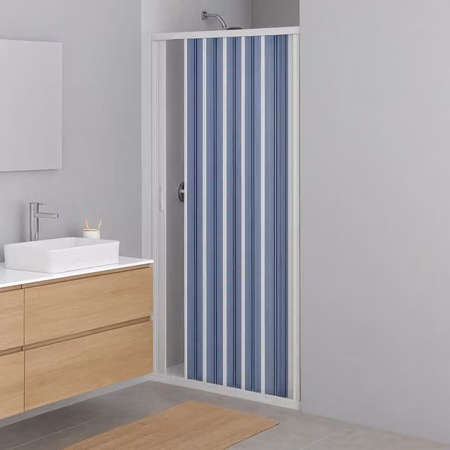 Porta doccia a soffietto Negrari in PVC blu con aperture reversibili e guide estensibili, Larghezza: 68-92 cm