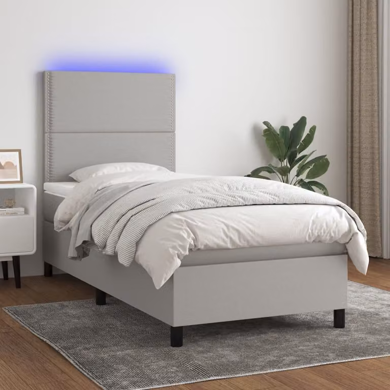 The Living Store Letto a molle con materasso e LED in tessuto grigio chiaro 90x200 cm