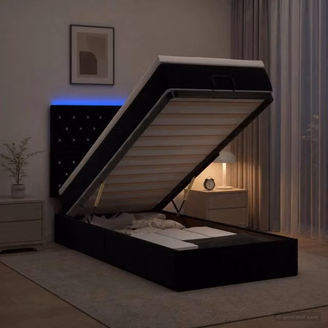 Letto Ottomano vidaXL in Velluto con Materasso Ibrido e Illuminazione LED Sotto il Letto, L/P/H: 200 x 90 x 88 cm, Colore Nero e Bianco