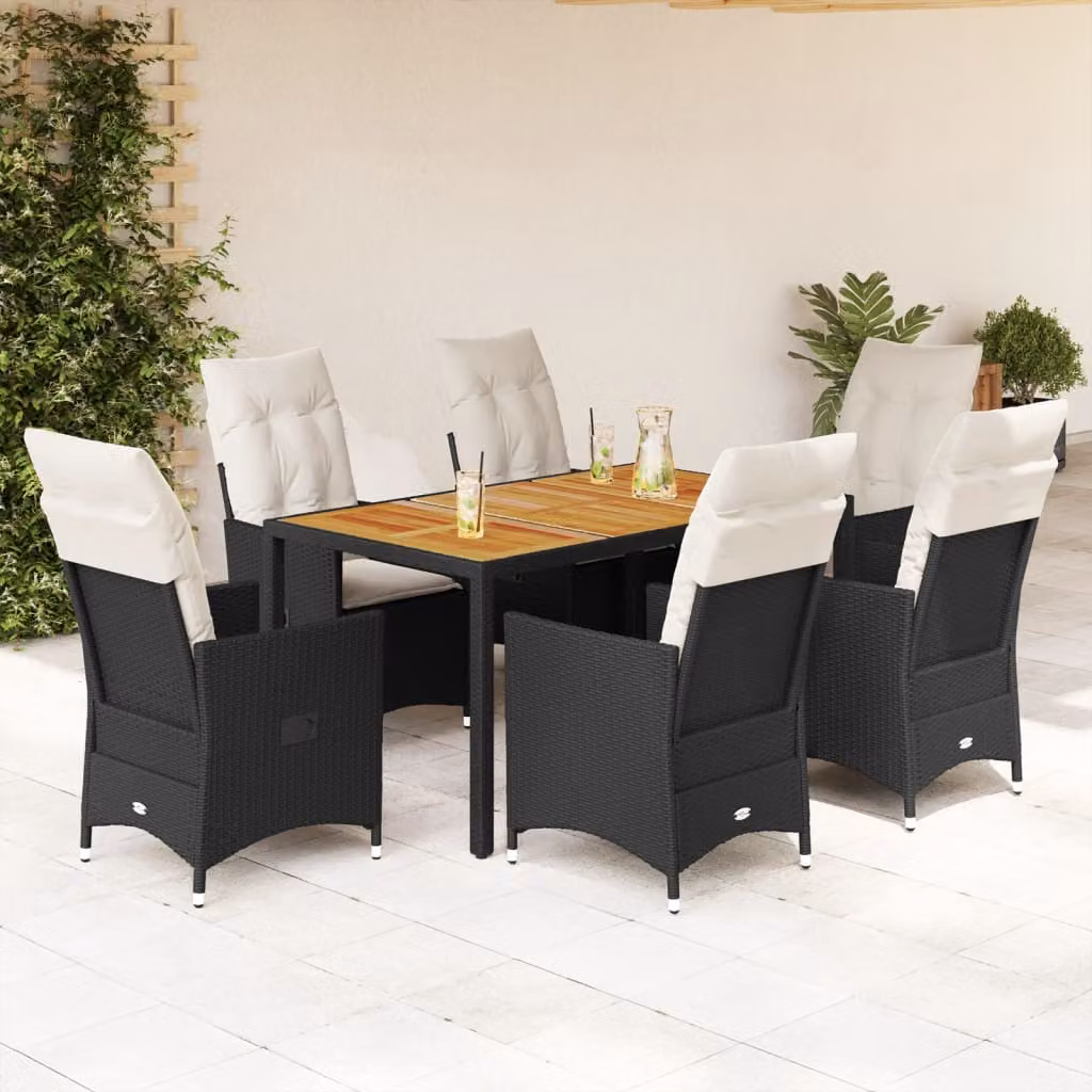 Set da pranzo da giardino vidaXL in legno di acacia oliato e polyrattan con 7 pezzi, nero e bianco – 1