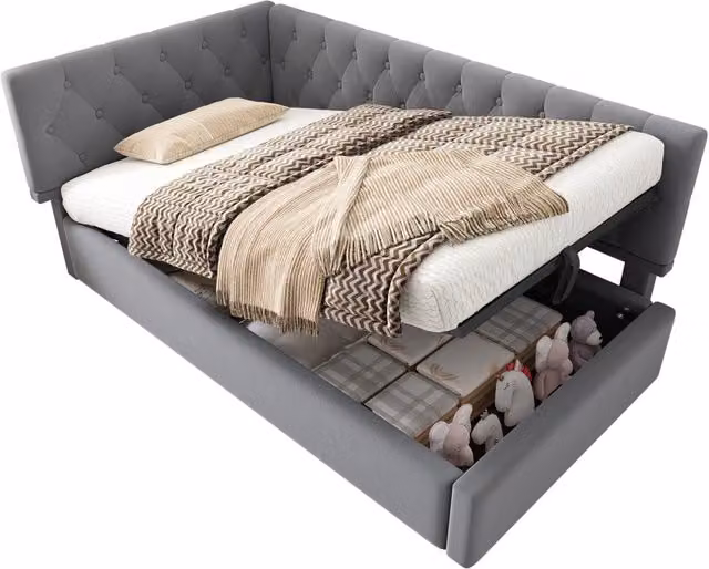 Letto imbottito singolo 90x190 cm con contenitore idraulico e struttura in velluto grigio, senza materasso