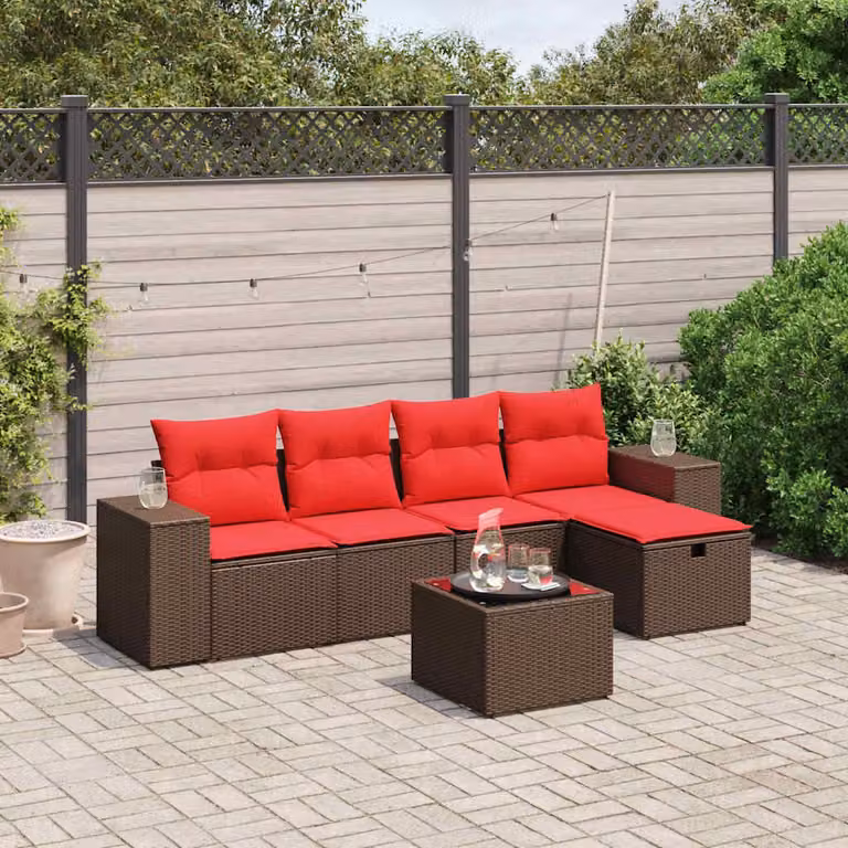 Set di divani da giardino vidaXL 6 pezzi in polyrattan marrone con cuscini e tavolino con struttura in metallo e design moderno a L