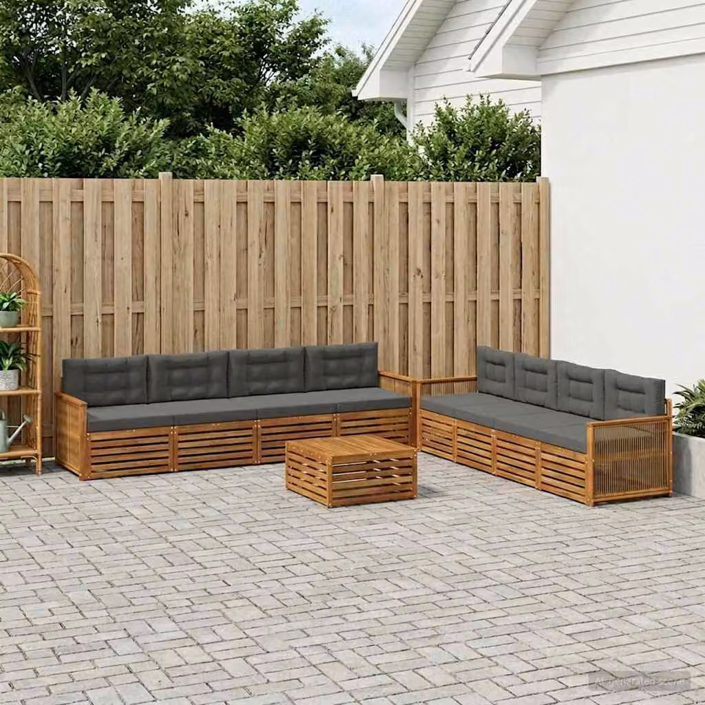 vidaXL Set di divani da esterno a L in legno di acacia con cuscini, colore beige e antracite