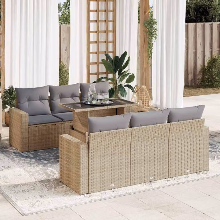 Set di divani da giardino vidaXL in polyrattan con 7 pezzi e cuscini beige