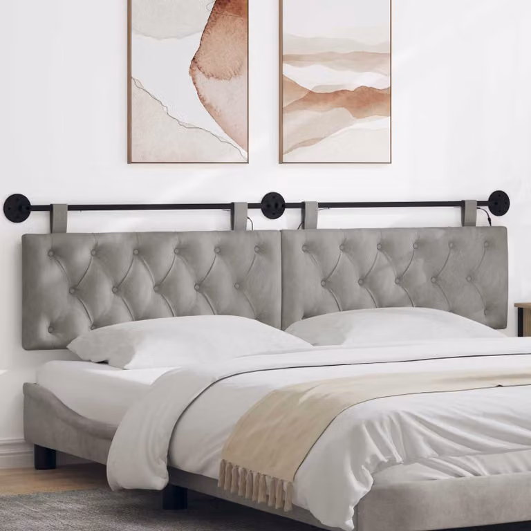 Testiera per letto sospesa vidaXL in velluto grigio chiaro con illuminazione LED integrata L: 210 cm, H: 55 cm, P: 7 cm
