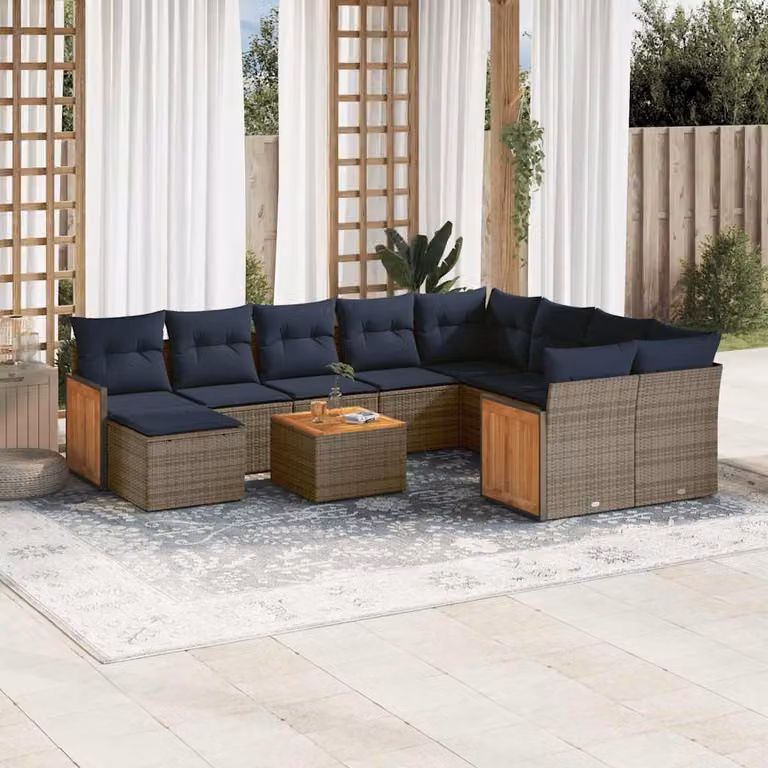 Set di divani da giardino vidaXL 11 pezzi in polyrattan con cuscini grigi e struttura in legno di acacia oliato