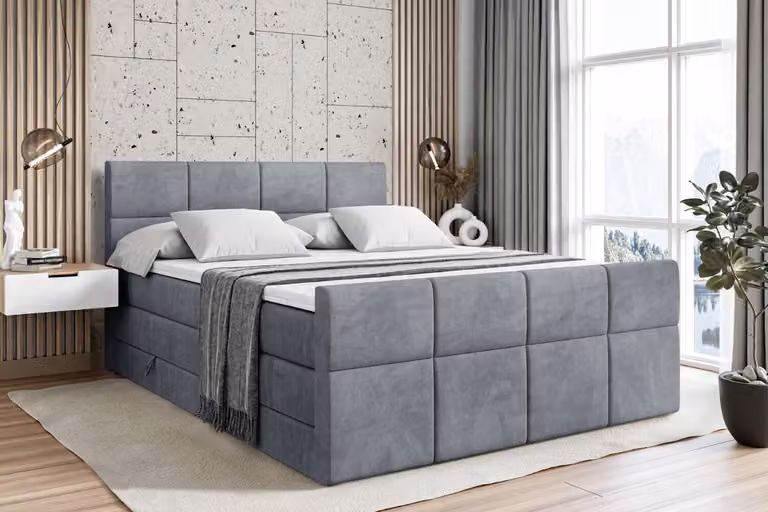 Letto boxspring ALTDECOR con pediera, 2 materassi e topper - 120x200 cm - ARDENI-Z KING - Velluto grigio - Letto imbottito con materassi H3 e H4, contenitore e rete a doghe, letto con spazio contenitivo
