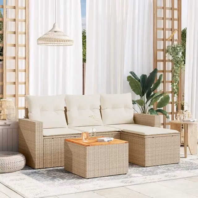 Set Divano da Giardino VIDAXL a L in Polyrattan con Cuscini Beige, 5 Pezzi – 1