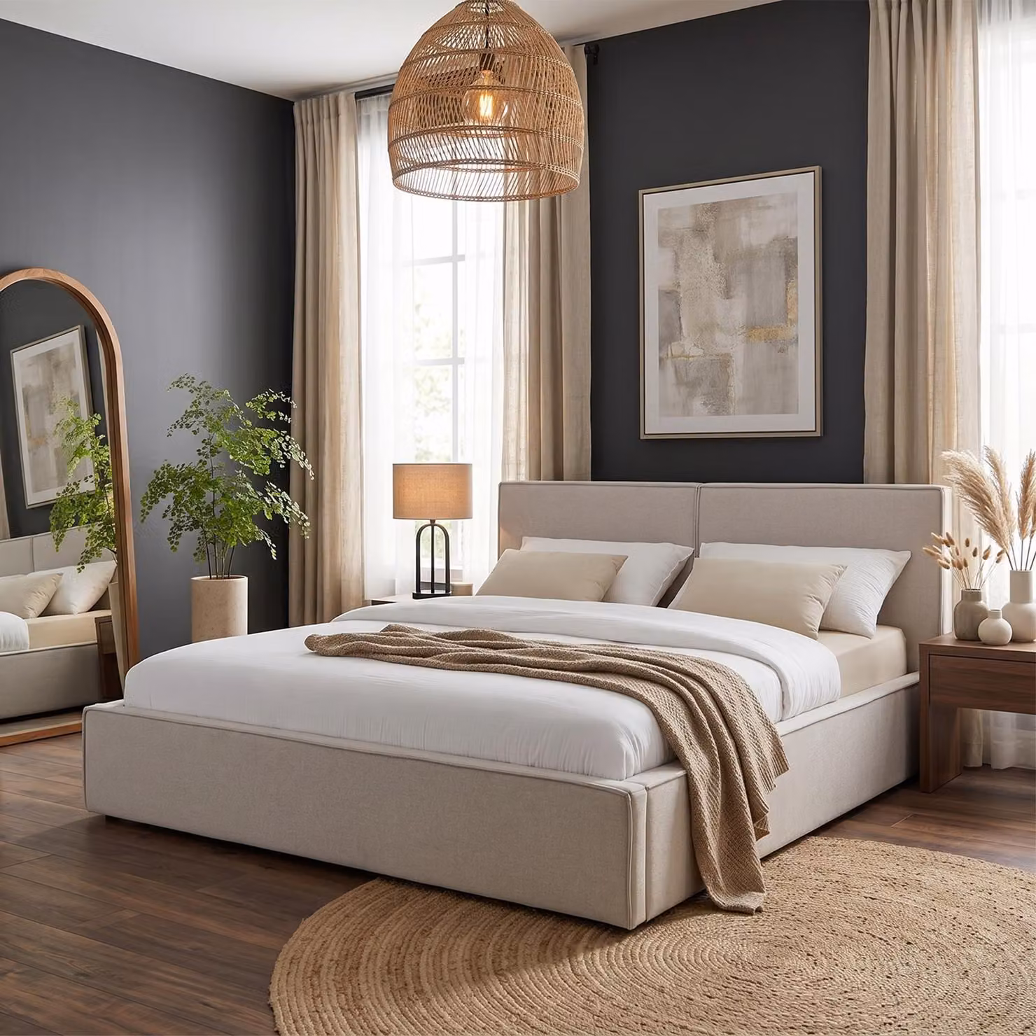 Letto imbottito CALM imbottito 180x200cm, grigio - letto matrimoniale moderno in look lino con rete a doghe, giroletto imbottito con testiera