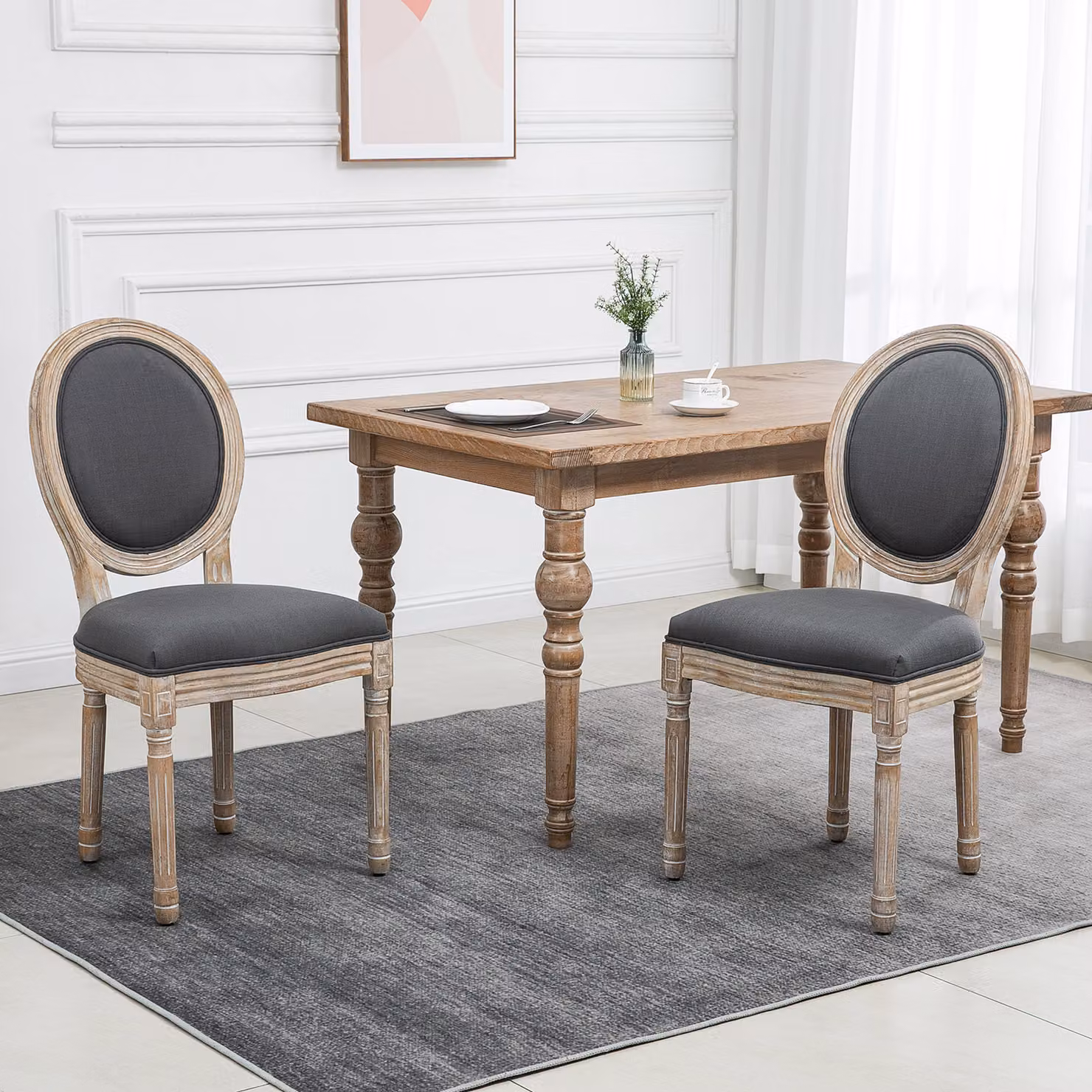 Set di 2 sedie da pranzo HOMCOM in stile Luigi XVI con seduta e schienale in tessuto effetto lino, colore grigio – 2