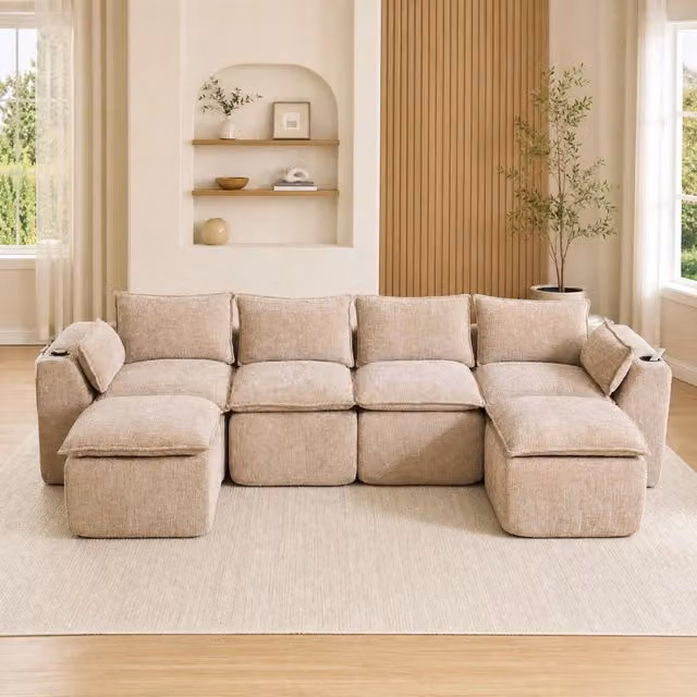 Divano modulare 4 posti 322x161x75 cm in tessuto beige, con 2 pouf e tasche laterali –