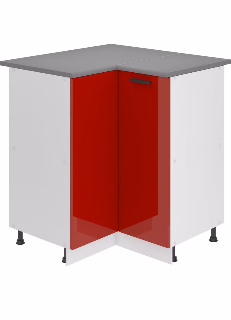 Base da cucina Belini, base da cucina larga 90 cm. Base per cucina SNP con piano di lavoro. Mobile da cucina ad angolo con 1 anta, rosso lucido