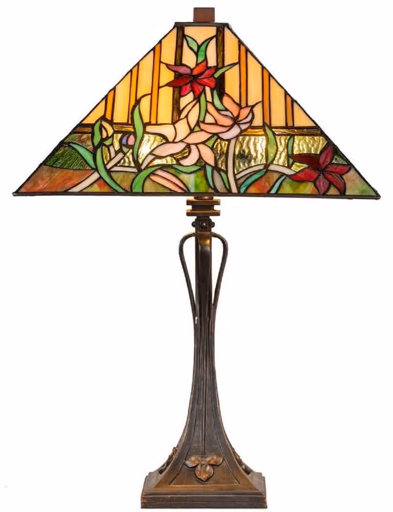 Casa Padrino lampada da tavolo Tiffany decorativa marrone / multicolore 40 x 40 x h. 62 cm - Lampada Tiffany con disegno floreale e paralume in vetro fatto a mano
