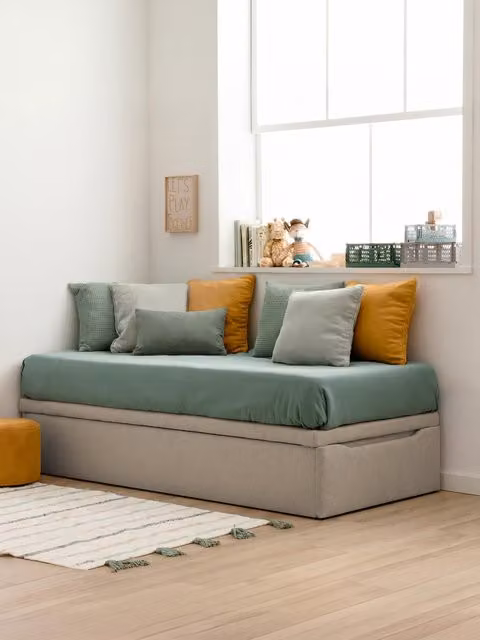 Letto contenitore imbottito Kenay Home con base a sollevamento, colore perla, L/P: 90 x 190 cm