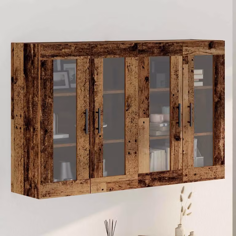 Set di 2 armadi da parete vidaXL in legno rustico marrone con ante in vetro, L/P/H: 69,5 x 34 x 90 cm