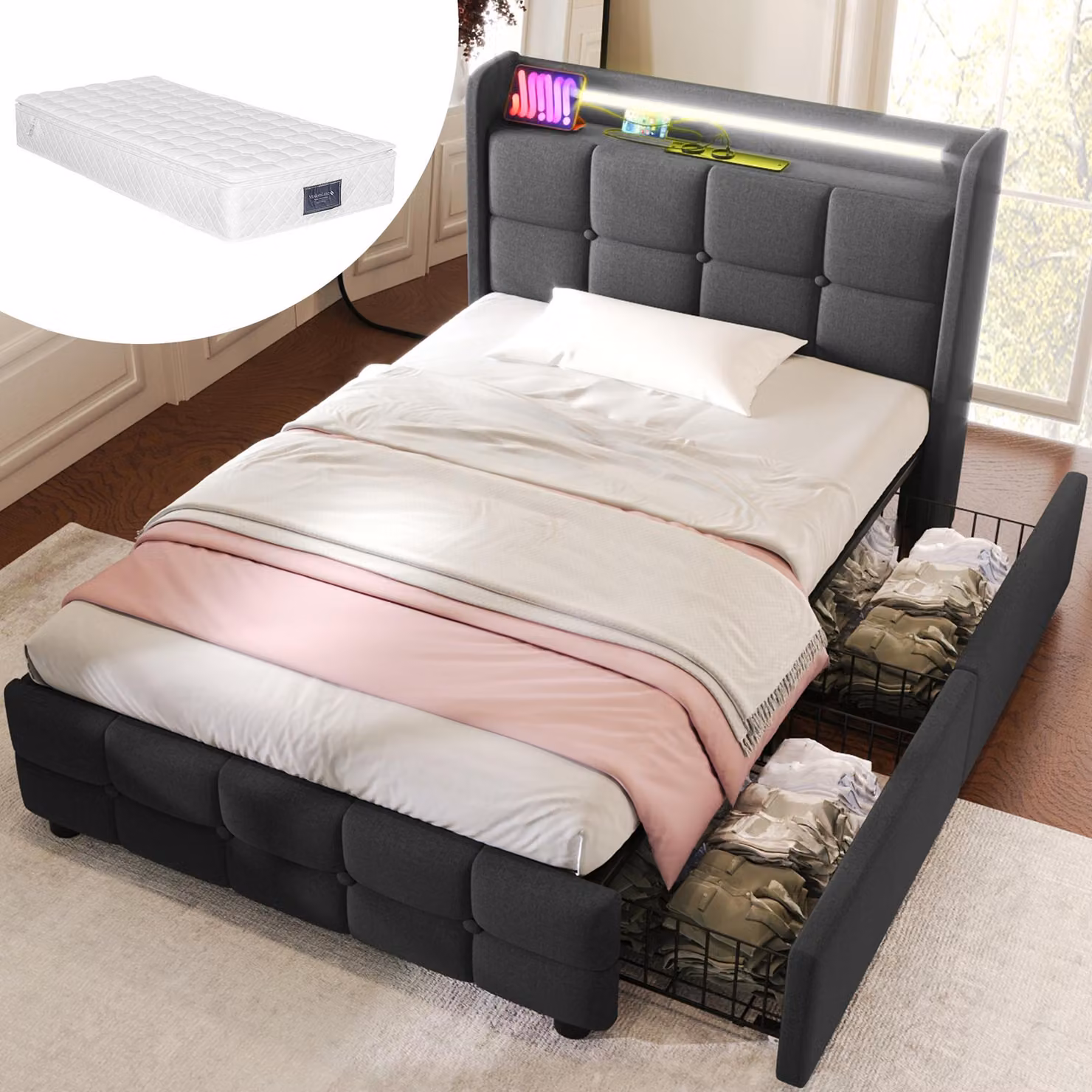Letto imbottito con funzione di ricarica USB, poggiatesta illuminato a LED e 2 cassetti. Letto singolo 90x200 cm, struttura letto con spazio contenitivo