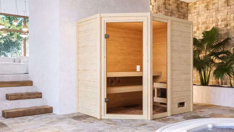 Sauna Woodfeeling Jada (ingresso ad angolo), porta a tutto vetro, bronzata, riscaldatore 9 kW controllo esterno semplice