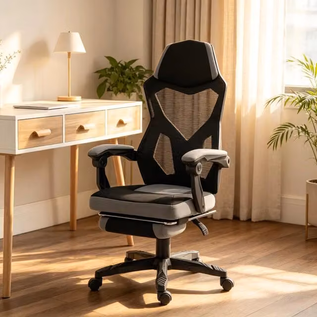Sedia da ufficio ergonomica moderna con poggiatesta e poggiapiedi, altezza regolabile, colore Nero Grigio, L/P/H: 58 x 63 x 112-122 cm