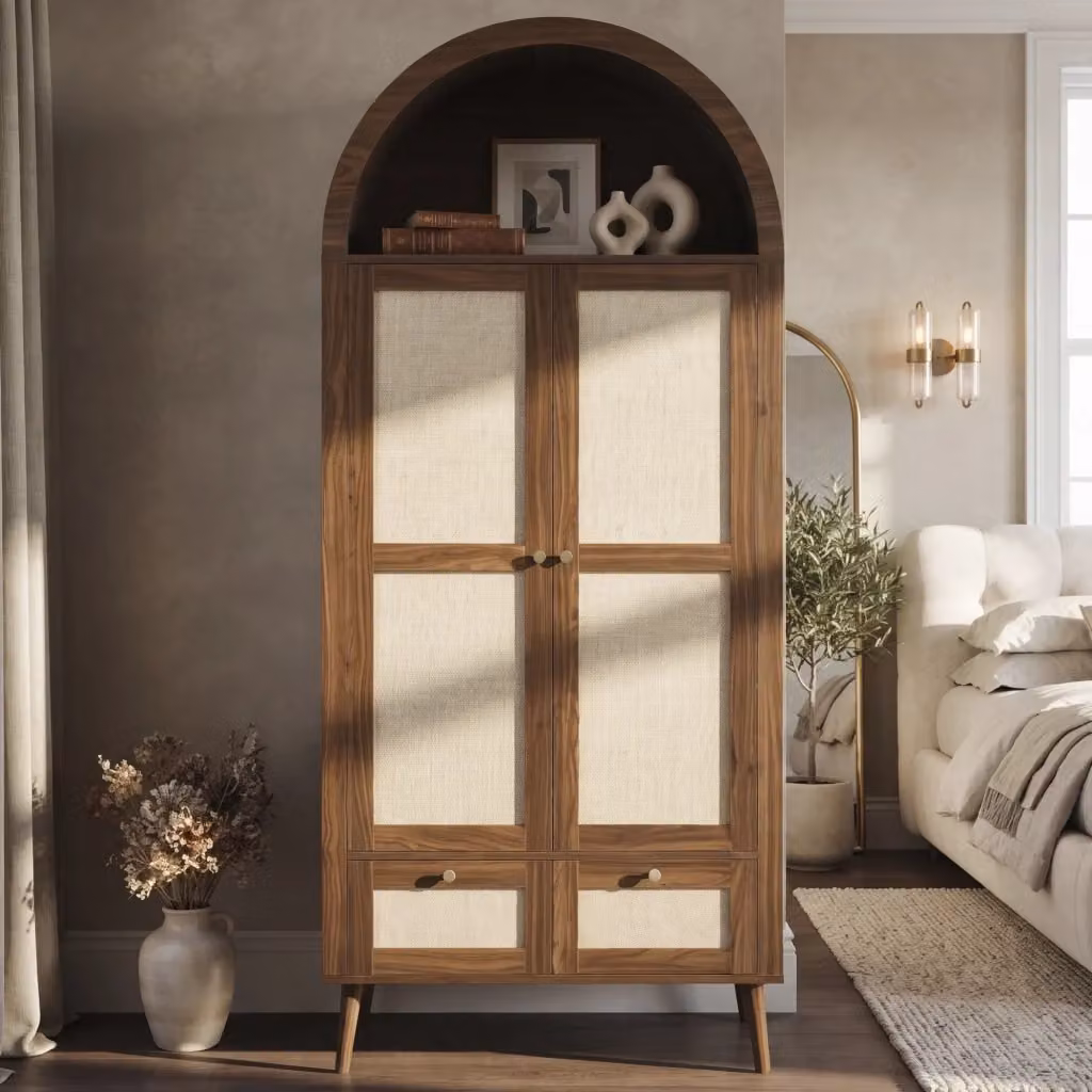 Armadio con 2 ante, 2 cassetti e nicchia aperta in stile Mid-Century, con asta appendiabiti, in MDF e rattan, colore marrone e beige, L: 80 cm, P: 55 cm, H: 180 cm – 2