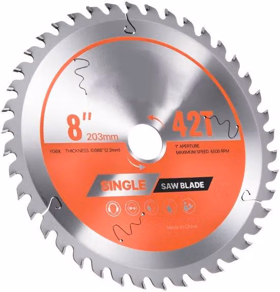Disco per sega circolare, diametro 203 mm, 42 denti, attacco da 25,4 mm, trattamento superficiale liscio, ideale per il taglio di legno con seghe circolari. Dotato di elementi di smorzamento per ridurre il rumore. Adatto per compensato, OSB e legno duro