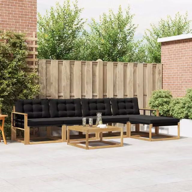 Set di mobili da giardino vidaXL composto da 6 pezzi con divano a 3 posti, pouf, tavolino da caffè e cuscini in bianco e nero con struttura in legno di acacia e sedute in textilene