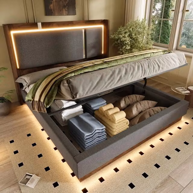 Letto imbottito matrimoniale contenitore con LED rete a doghe ¨C Minimal ¨C grigio legno rovere 160x200 cm