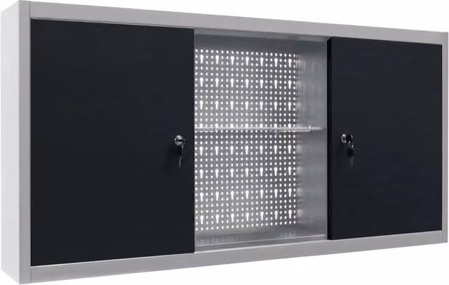 Armadio portautensili da parete in metallo con ante chiudibili, organizer per martelli e pinze, grigio e nero, L: 120 cm