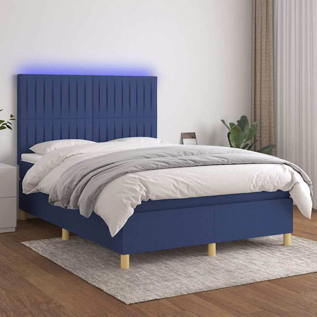 Letto Ibrido vidaXL con Materasso, Illuminazione LED Blu e Porte USB, Tessuto Blu e Bianco, L/P/H: 144 x 193 x 128 cm – 1