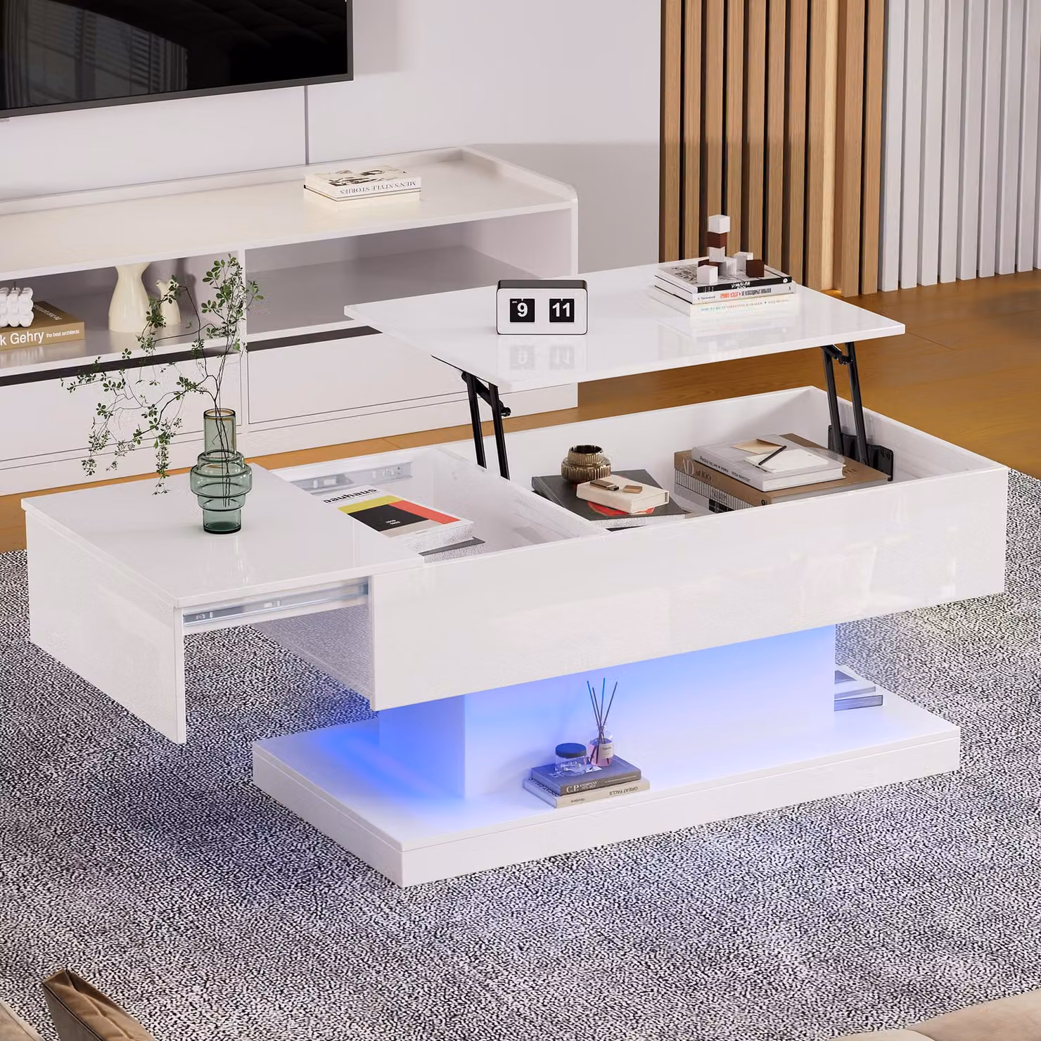 Tavolino da tè Sweiko liftato lucido Tavolino da caffè a LED Tavolino da caffè 100x50x45 cm con illuminazione a LED - Piano del tavolo semi-elevabile e design scorrevole lateralmente, sollevamento idraulico e spazio di archiviazione