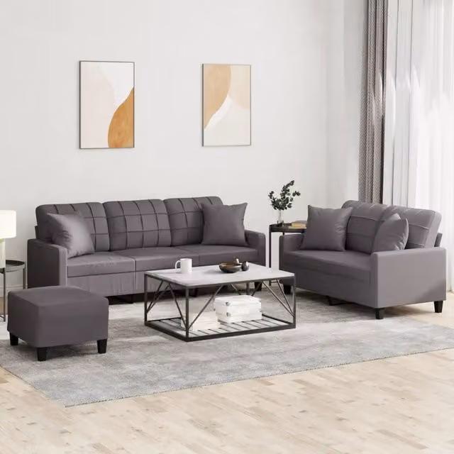 vidaXL Set di Divani 3 Pezzi con Pouf e Cuscini in Similpelle Grigio Moderno – 1