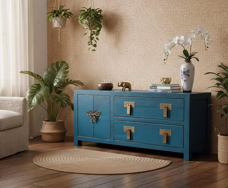Mobili d'epoca orientali Asia Cassettiera TV Credenza Mobile TV Cinese Asiatico Estremo Oriente Stile Casa di campagna blu assemblato