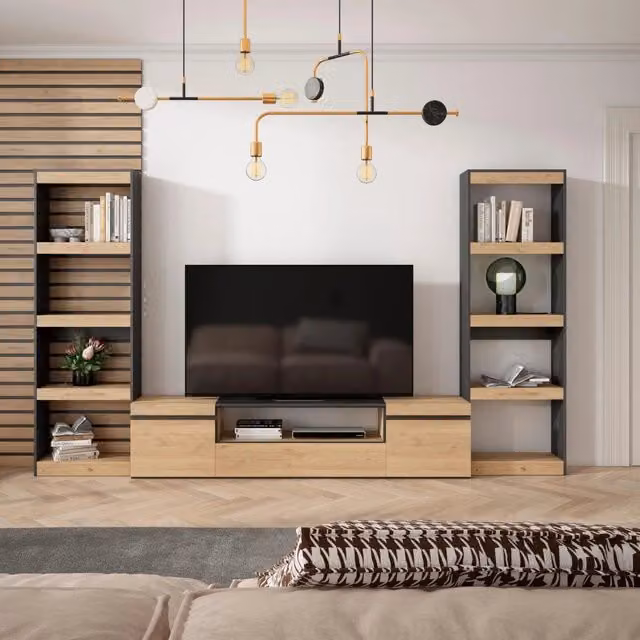 Mobile TV, Soggiorno, 320x35x186cm, Per TV fino a 80", Set di mobili, colore Rovere e nero RF2603