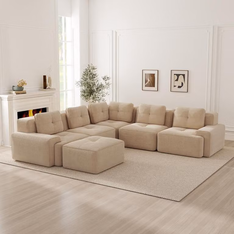 Divano modulare beige, 5 posti, divano basso senza struttura, rivestito in tessuto corduroy, divano ad angolo con poggiapiedi, antiscivolo, dimensioni 295x295x69 cm
