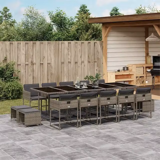 Set da pranzo da giardino vidaXL in polyrattan grigio e nero con 15 pezzi e tavolo in vetro rettangolare – 1