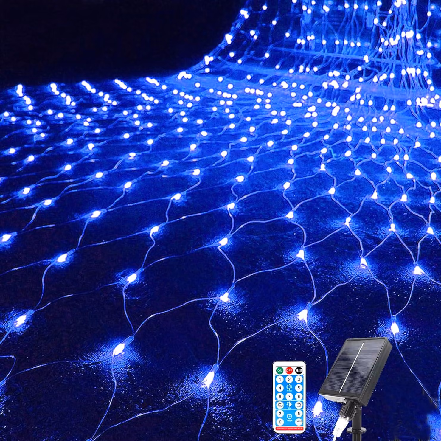 Rete luminosa solare, dimensioni 1,5x1,5 metri, 96 LED, 8 modalità, resistente alle intemperie, con telecomando