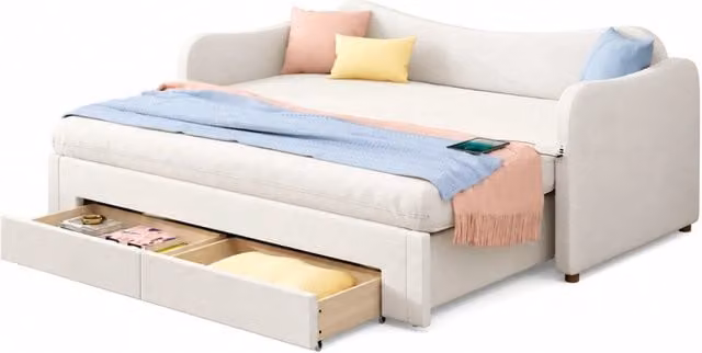 Divano letto 90x200 estensibile 180 cm， velluto beige， 2 cassetti， USB， senza materasso