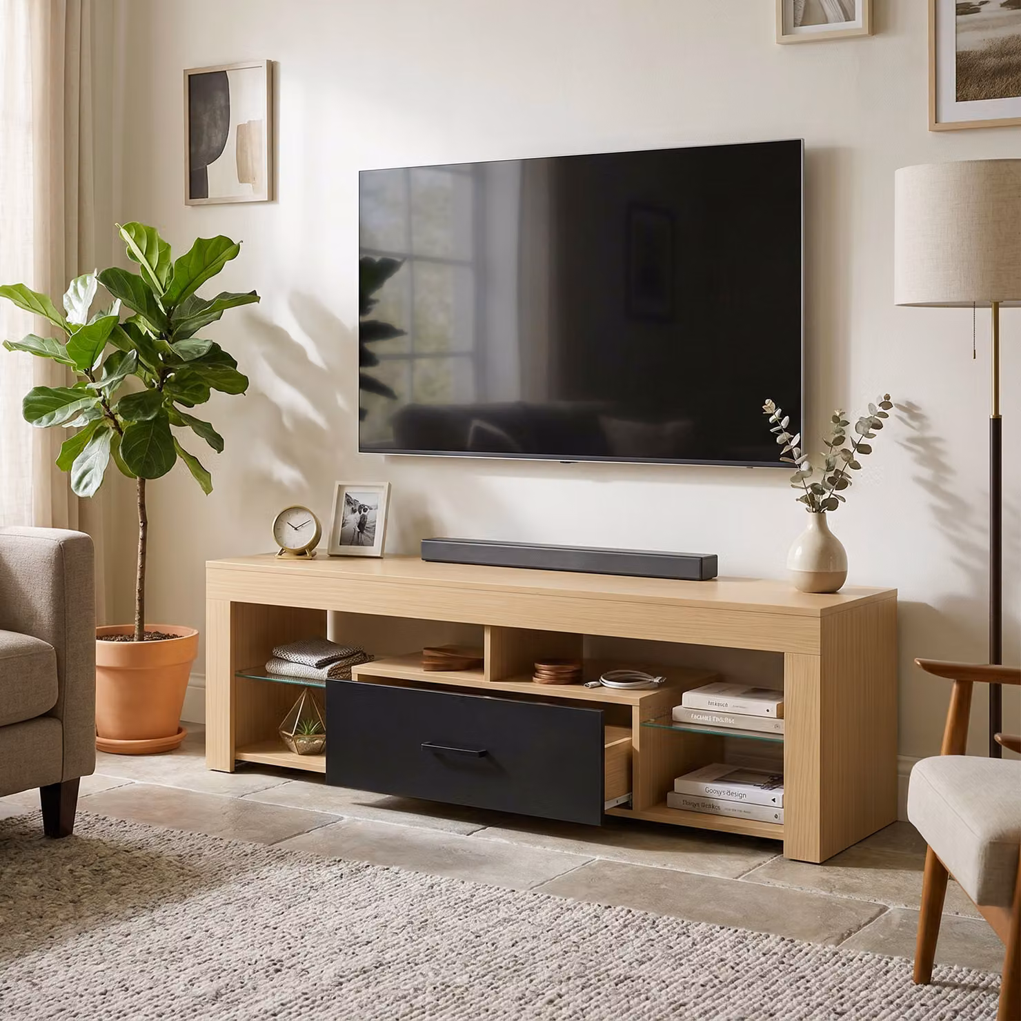 Mobile TV HOMCOM da 140 cm in rovere con ripiani in vetro regolabili, cassetto e vani aperti – 2