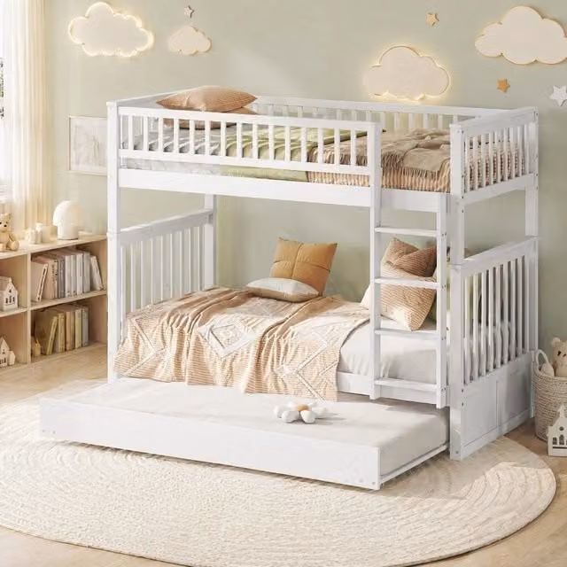Letto a castello 90 × 200 cm con letto estraibile; scala laterale e struttura separabile in legno di pino e MDF