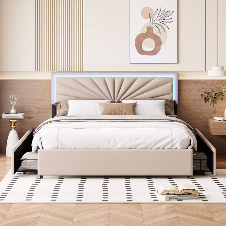 CDGlobal letto imbottito 160x200cm con illuminazione a LED, letto matrimoniale con 4 cassetti e rete a doghe, letto per ragazzi letto funzionale letto per adulti in lino, beige
