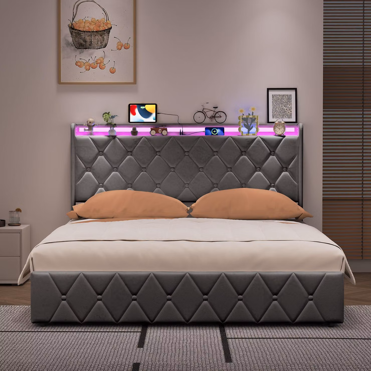 Letto contenitore ProximaX, dimensioni 140x200 cm, rivestito in velluto, con illuminazione RGB a LED, porta USB-C e sistema di sollevamento a gas