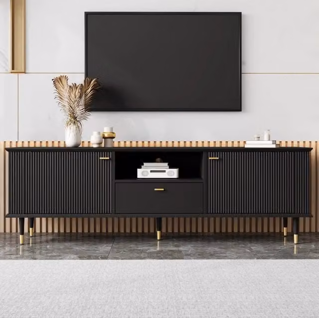 Mobile TV moderno MODFU in MDF nero laccato con dettagli oro per soggiorno L: 170 cm, P: 36 cm, H: 54 cm – 1